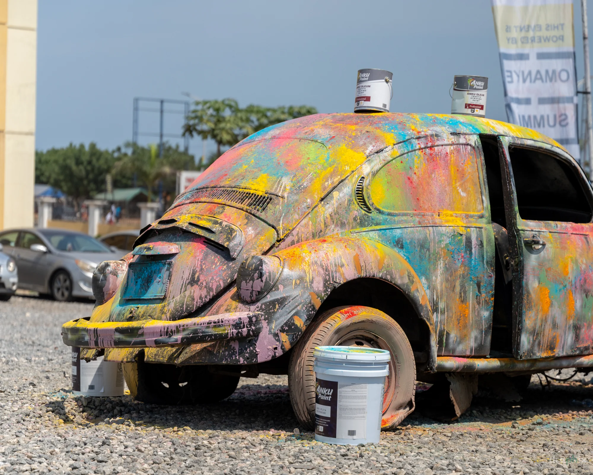 Painted Volkswagen installation at the festival