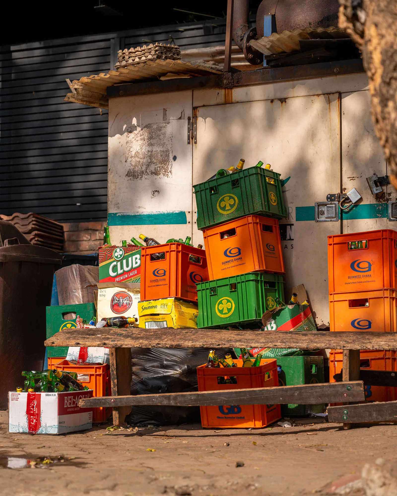 Stacked crates at a storefront