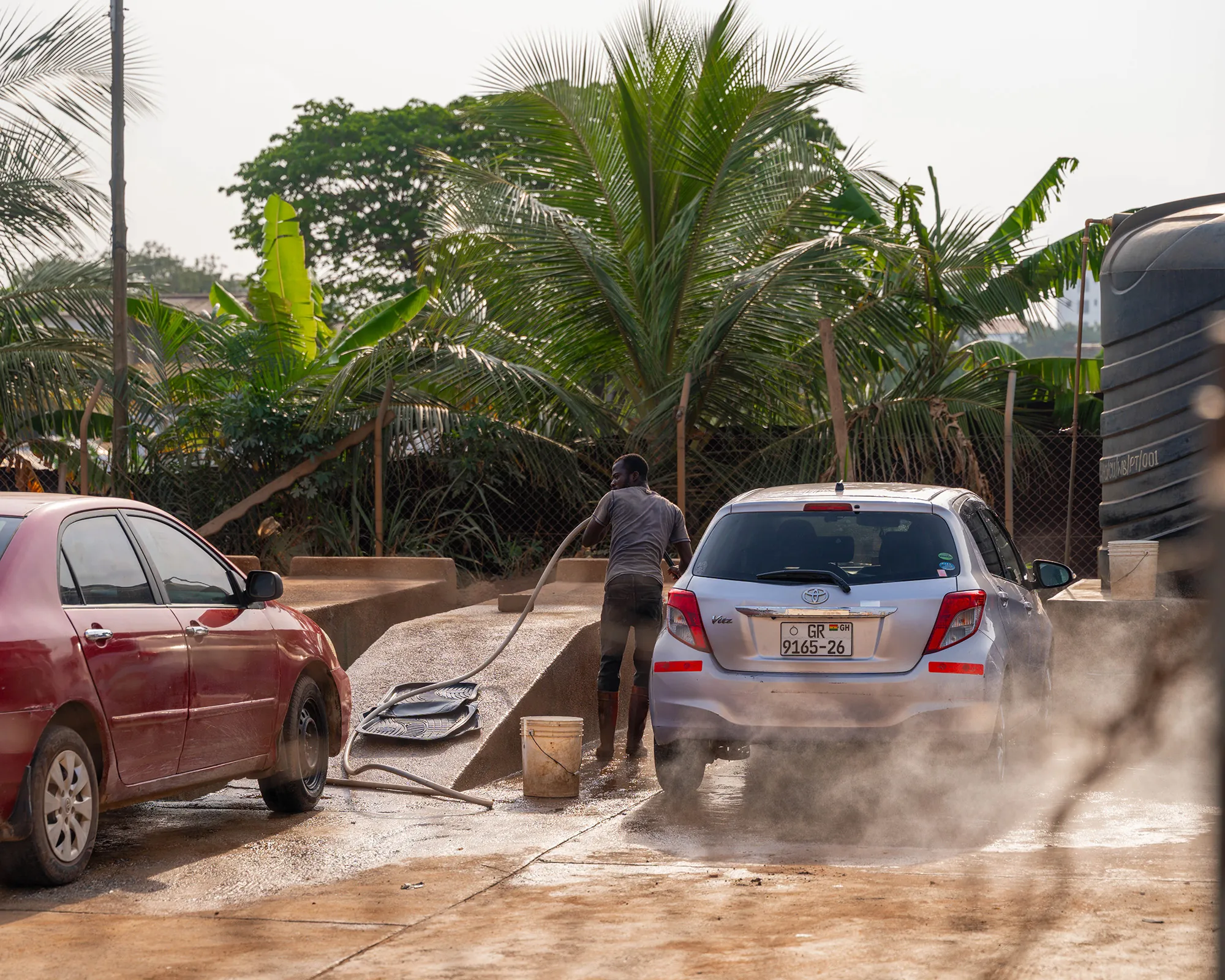 Car wash beside palm trees